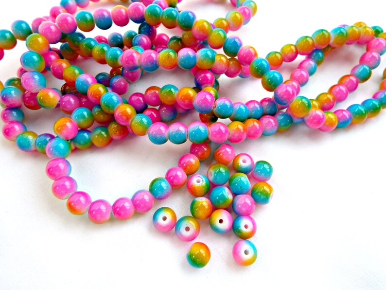 100 Rainbow Beads 8mm Glass Beads Round Beads Bright Color Etsy