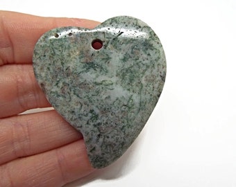 Heart Pendant, 50x42mm, Moss Agate, Green Gemstone, Wire Wrapping, Semiprecious Pendant, Green White Stone, Stone Jewelry, UK Shop