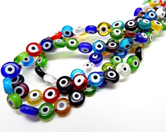 Evil Eye Beads, Strand of 50, Flat Round, 8mm Glass Beads, Mixed Color, Lampwork Glass, Evil Eye Jewelry, Lampwork Beads, UK Beading Supply