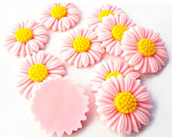 20 Light Pink Daisy Cabochons, Flatback Pink & Yellow Flowers, 28mm Resin Cabs, Floral Decoration Accessories for Mixed Media, UK Shop