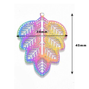 45mm Leaf Pendants in Rainbow Colours, Set of 5, Electroplated Stainless Steel, Filigree Style, Lightweight Findings, UK Shop image 2