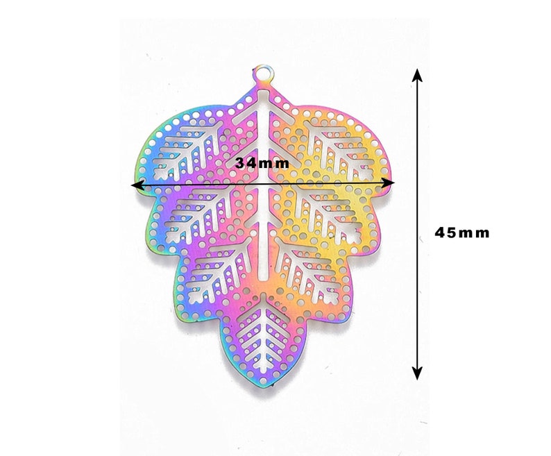 45mm Leaf Pendants in Rainbow Colours, Set of 5, Electroplated Stainless Steel, Filigree Style, Lightweight Findings, UK Shop image 2