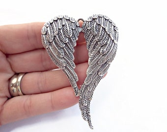 3 Angel Wings Pendants, Large Silver Pendant, Tibetan Silver Style, 70mm Wing Pendant, Silver Angel Pendant, UK Shop, Jewelry Supplies