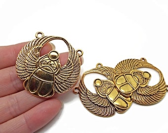 3 Antique Gold Scarab Pendants with Two Holes, 42x41mm Large Alloy Beetle Keyring or Bag Charm, UK Shop