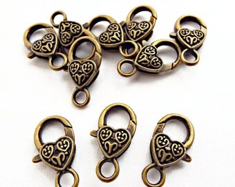10 Lobster Clasps in Antique Bronze Colour with Heart Design, Craft and Jewellery Making Supplies