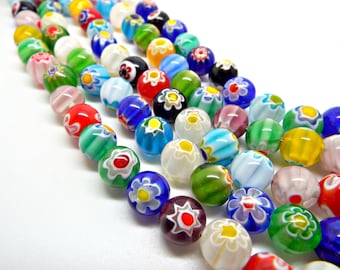 10mm Millefiori Beads, Round Flower Beads, 37 Bead Strand, Mixed Colors, 10mm Glass Beads, Hippy Beads, Flower Jewelry, UK Bead Supply