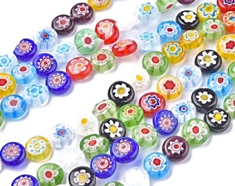 8mm Millefiori Beads, Flat Round Flower Beads, 48 Bead Strand, Mixed Colors, 8x3mm Glass Hippy Beads for Flower Jewelry, UK Shop