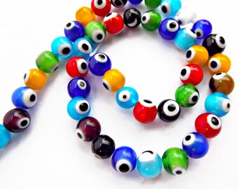 8mm Glass Evil Eye Bead Strand, Lampwork Glass in Mixed Colors, Strand of 48 Round Evil Eye Jewelry Beads, UK Shop.