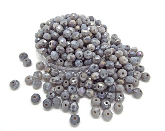 300 Glass Rondelle Faceted Beads in Grey Mix, 6x4mm with AB Coating and 1mm Hole, Grey Jewelry Beads, Craft Supplies, UK Shop