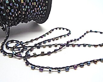 5M Black Beaded Jewelry Cord with AB Beads, Polyester Cord for Necklaces and Bracelets, 1mm Black Cord, 2-3mm Rainbow Bugle Beads, UK