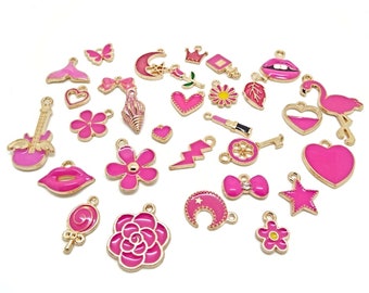 30 Pink Enamel Pendants with Gold Base, 23-8mm Metal Charms, Zinc Based Alloy, Fuchsia Jewelry Pendants and Keyring Charms, UK Shop