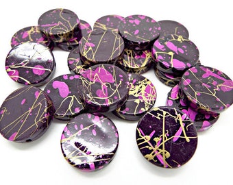 20 Drawbench Beads, Black Purple & Gold, 19mm Coin Shaped Acrylic Beads, Large Flat Rounds, Black Coin Beads, Jewelry Beads, UK Seller