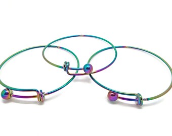 3 Stainless Steel Rainbow Bangles, Rainbow Bracelet Blanks with Removeable End Cap, Single Bar Ball End 7cm Diameter for Charms and Beads