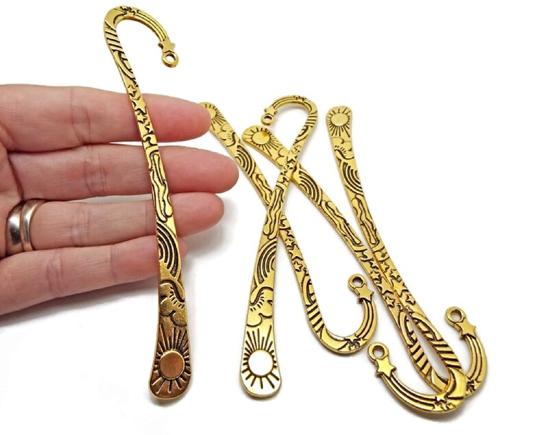 5 Antique Gold Bookmarks, Sun and Stars Design, Blanks for Beads Tassels & Charms, 124mm Page Marker, Bookworm Gift, UK Shop image 4