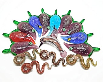 15 Mixed Glass Pendants, Leaf with Ladybird, Humming Bird and Snakes, Bulk Pack, Lampwork Jewelry Pendants, Clearance Stock, UK Shop