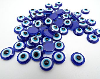 Evil Eye Cabochons, 50 Resin Cabs, Blue Cabochons, Evil Eye Cabs, 10mm Cabochon, Flat Back Cabs, Small Evil Eye, Jewelry Cabochon, UK Seller