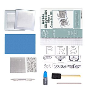May include: Metal embossing kit for making glass coasters. The kit includes two glass coasters, metal sheets, tools, and instructions. The instructions include seven different designs to choose from, including a butterfly, a starfish, and a Celtic knot.