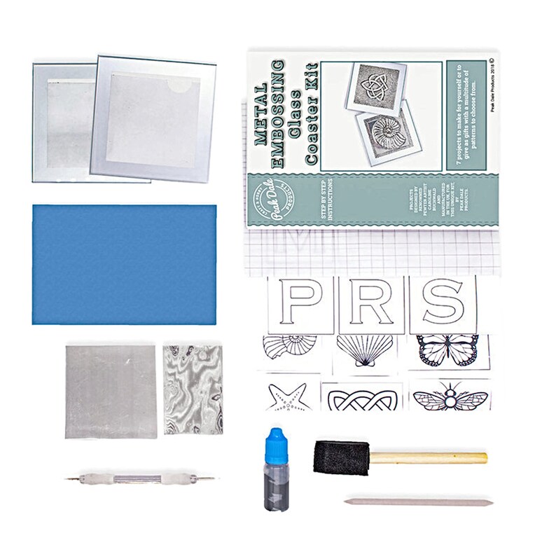 May include: Metal embossing kit for making glass coasters. The kit includes two glass coasters, metal sheets, tools, and instructions. The instructions include seven different designs to choose from, including a butterfly, a starfish, and a Celtic knot.