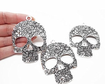 3 Large Skull Pendants, 66mm Gothic Pendants, Day of the Dead, Dark Antique Silver Style, Halloween Skulls, Jewelry Pendant Blanks, UK Shop