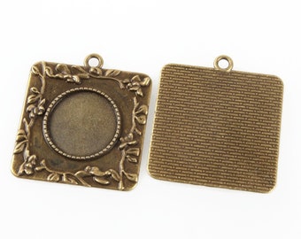 5 Bronze Bezel Trays, 20mm Cab Setting, 40x36x2mm, Hole 3mm, Square Pendants, Metal Pendants, Bezel Pendant, Jewelry Supplies, UK Shop