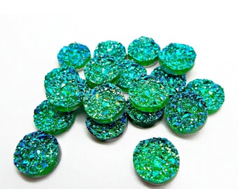 Green Druzy Cabochon, 20 Resin Druzy, Faux Druzy, Round Cabochon, 12mm Druzy, Green and Blue, Flat Back Druzy, UK Seller, Jewelry Supplies