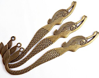 5 Bronze Mermaid Bookmarks, Metal Alloy, 5 Inch Blanks, Add Beads Tassels Charms, Gift for Bookworm, UK Shop