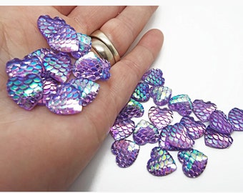 Purple Heart Mermaid Scale Cabochons, 20 or 50, Resin Flatbacks, 12mm Iridescent Color, Dragon or Fish Scale, Papercraft Cabs, UK Shop