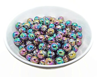 30 Round Glass Star Beads, Rainbow Electroplated, 10mm with 1.2mm Hole, Colorful Jewelry Making, UK Shop