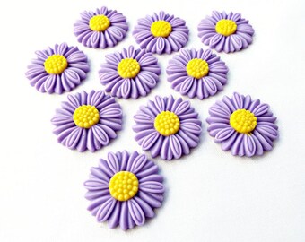 20 Lilac Daisy Cabochons, Flatback Purple & Yellow Flowers, 28mm Resin Cabs, Floral Decoration Accessories for Mixed Media, UK Shop