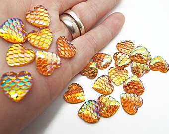 Orange Heart Mermaid Scale Cabochons, 20 or 50 Resin Heart Flatbacks, 12mm Iridescent Cabochons, Dragon Scale Cabs, UK Shop