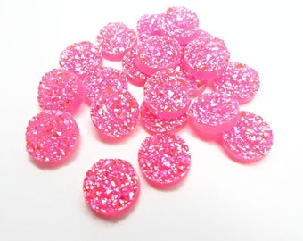 20 Pink Druzy, Faux Druzy Cabochon, Neon Pink, Round Cabochon, 12mm Druzy, Glitter Cabochons, Hair Crafts, Flatback Druzy, UK Seller