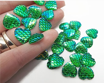 Green Heart Cabochons, Fish Scale, 20 or 50, Resin Heart Flatbacks, 12mm Iridescent Cabochons, Dragon Scale, Papercraft Cabs, UK Shop