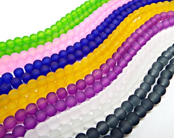 135x 6mm Frosted Glass Beads, Round Beads in 7 Colors, 135 Transparent Beads, Blue, Pink, White & More, Frosted Glass Jewelry, UK Shape