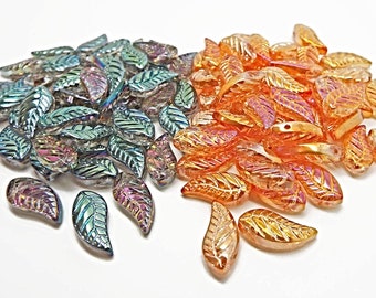 18mm AB Plated Leaf Beads in Peacock Green or Golden Orange, Pack of 25 Glass Beads, Leaf and Floral Jewelry, UK Shop