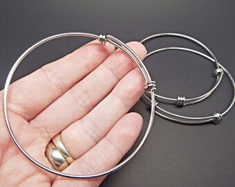 3 Stainless Steel Bangles, Bracelet Blanks, Adjustable to Wrist Size, 6.5cm Diameter for Charms, UK Shop