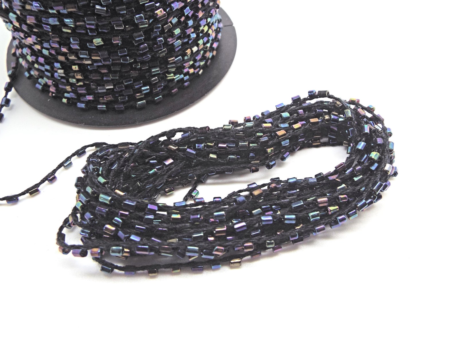 Black Jewelry Cord Beaded Cord AB Bugle Beads Polyester Etsy UK