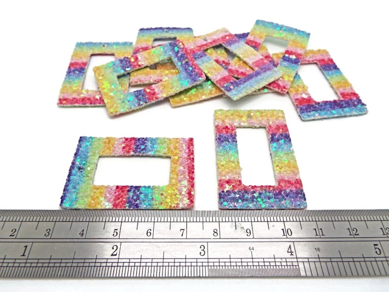 20 Faux Leather Pendants with Rainbow Sequin Glitter, 43x28x2mm Rectangle with Centre Cut-Out, Soft & Flexible, UK Shop image 3