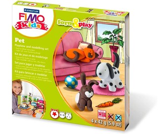 Fimo Kids Pet Modelling Kit, Polymer Clay, Childrens Crafts, Rabbit Dog & Cat, Clay for Children, Stocking Filler, Birthday Gift, UK Shop