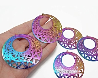 50mm Electroplated Circle Pendants, Stainless Steel Rainbow Pendants, Filigree Style, Lightweight Jewelry, Large Earring Charms, UK Shop