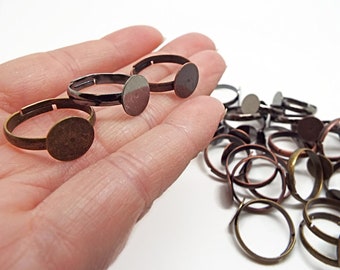 10 Adjustable Flat Pad Rings, 10mm Blanks in Bronze, Copper or Gunmetal, Brass Base Metal Findings, UK Shop