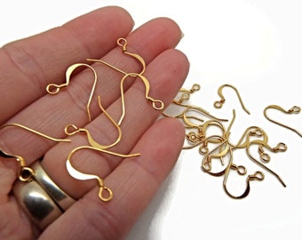 30 Gold Plated Flat Hook Earwires, 18mm with Coil, Jewelry Findings, Gold Plated French Hooks, 15 Pairs, UK Shop