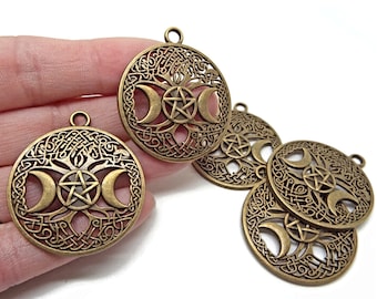 10 Triple Moon Pendants in Antique Bronze, Pentagram Tree Charms, 39x34x2.5mm Hole 3mm, UK Shop