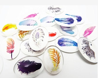 10 Oval Feather Cabochons for Jewelry Making and Mixed Media, 24mm Domed Glass Cabs, 10 Designs, UK Shop