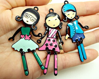 Girl Pendants, Pack of 10 or 3, 60mm Enamel Charms, Metal Pendants, Jewelry Pendants, Keyring Charms, Mixed Pack, Fashion Girl, UK Seller