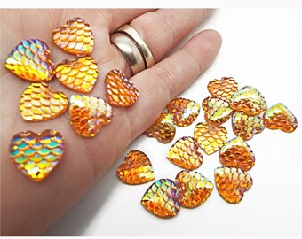 Orange Heart Mermaid Scale Cabochons, 20 or 50 Resin Heart Flatbacks, 12mm Iridescent Cabochons, Dragon Scale Cabs, UK Shop