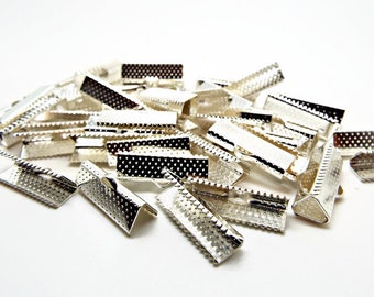 20mm Ribbon End Crimps, Bright Silver Tone Iron Cord Ends, Jewellery Clamps, 50 or 25 Pcs, Necklace Ends, UK Shop