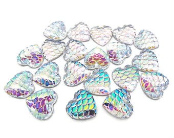 Silver Heart Cabochons, Fish Scale, 20 or 50, Resin Heart Flatbacks, 12mm Iridescent Cabochons, Dragon Scale, Papercraft Cabs, UK Shop