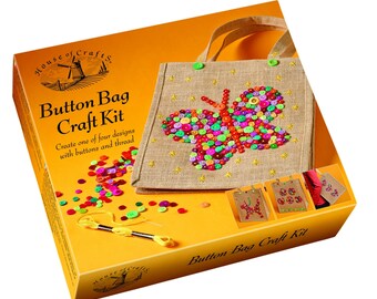 Button Embroidery Bag Craft Kit, Gift for Crafters, Full Instructions, Jute Tote Bag, Button Craft, Kids and Adults, UK Shop