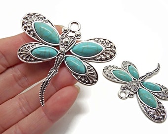 2 Faux Turquoise Dragonfly Pendants, Large Tibetan Silver Style Keyring Charm, Suncatcher or Wall Hanging Charm, 60x53mm, UK Shop