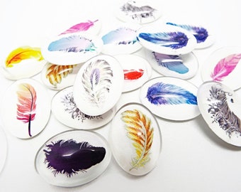 10 Oval Feather Cabochons for Jewelry Making and Mixed Media, 24mm Domed Glass Cabs, 10 Designs, UK Shop